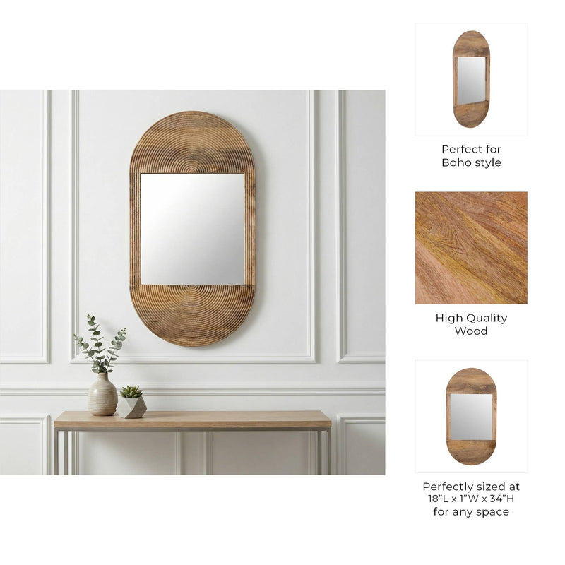 Brown Wood Glass Arched Oval Hanging Wall Mirror