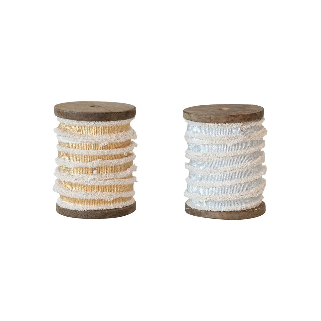 10 Yard Cotton Ribbon w/ Metallic Thread & Fringe on Wood Spool, 2 ...