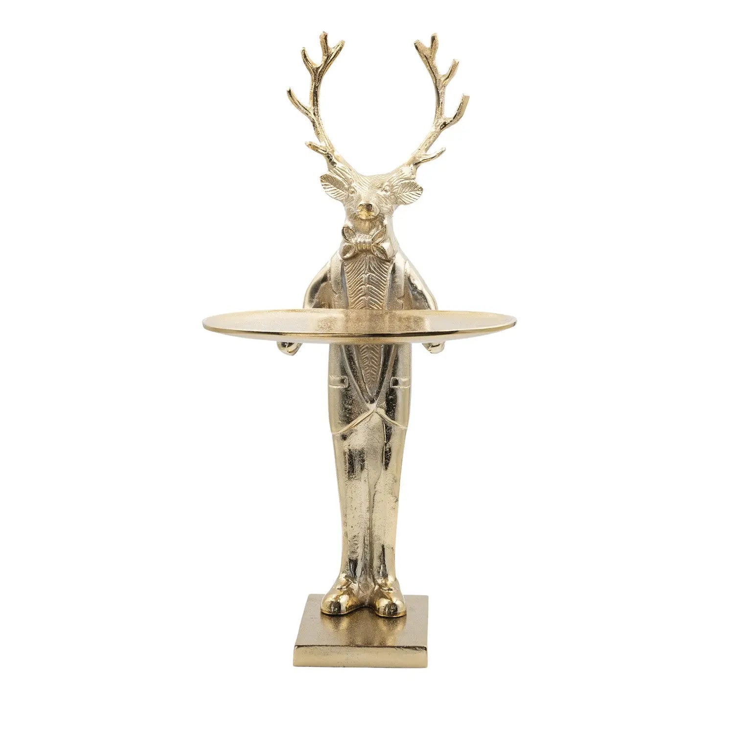 10"L x 8"W x 20"H Cast Aluminum Deer with Tray, Gold Finish