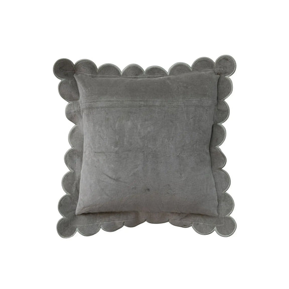 18" Square Cotton Velvet Pillow with Scalloped Flange & Stitched Edge, Green