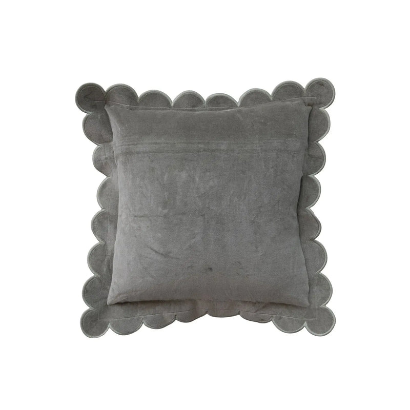 18" Square Cotton Velvet Pillow with Scalloped Flange & Stitched Edge, Green