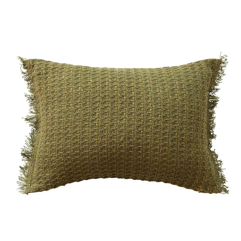 20"L x 14"H Woven Cotton Lumbar Pillow w/ Metallic Gold Thread & Fringe, Green