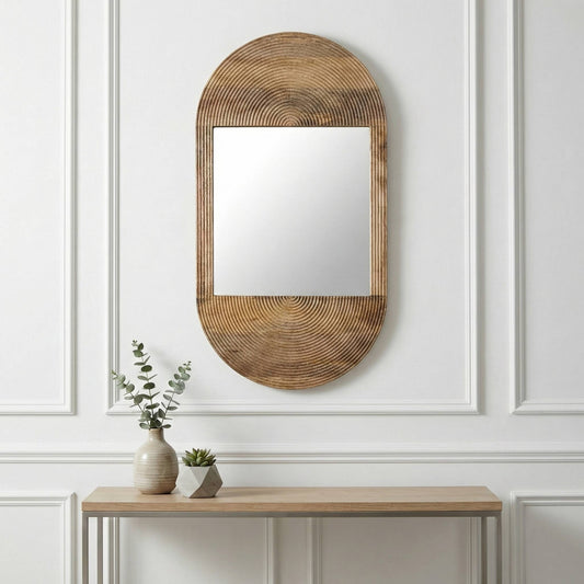 Brown Wood Glass Arched Oval Hanging Wall Mirror