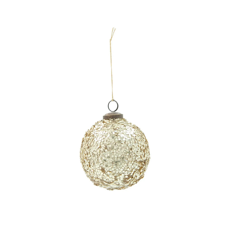 4" Round Glass Ball Ornament with Sequins, Gold Finish