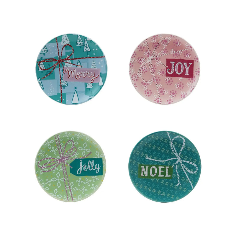 5" Round Stoneware Plate with Holiday Pattern & Word, 4 Styles ©