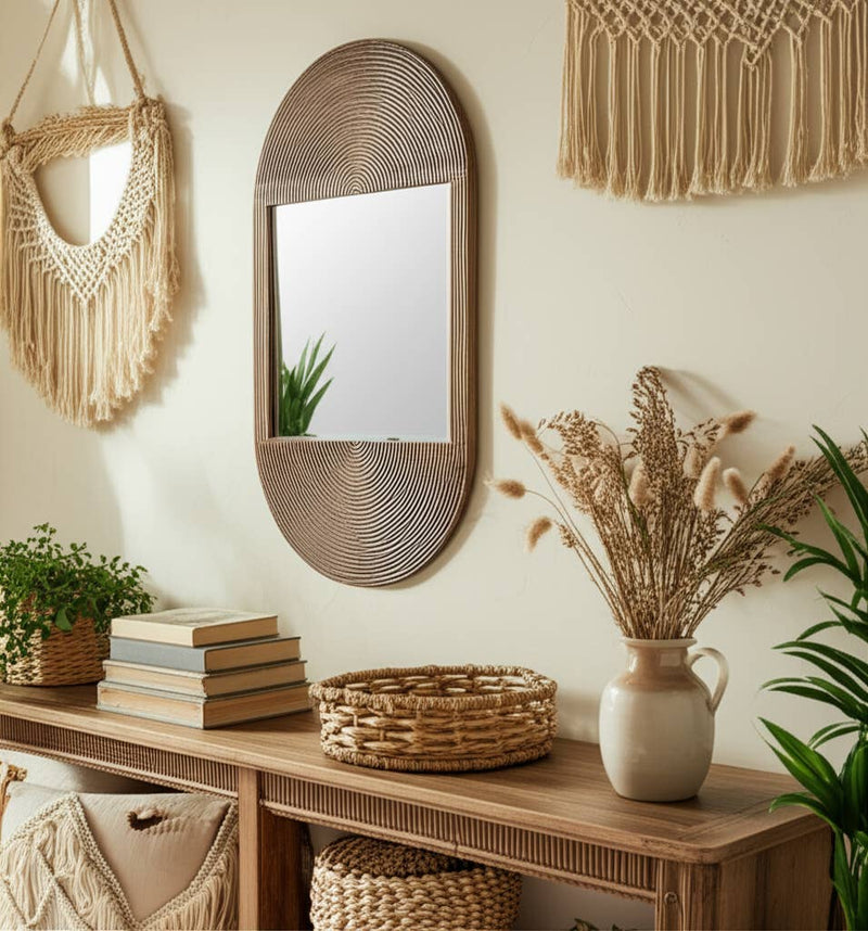 Brown Wood Glass Arched Oval Hanging Wall Mirror