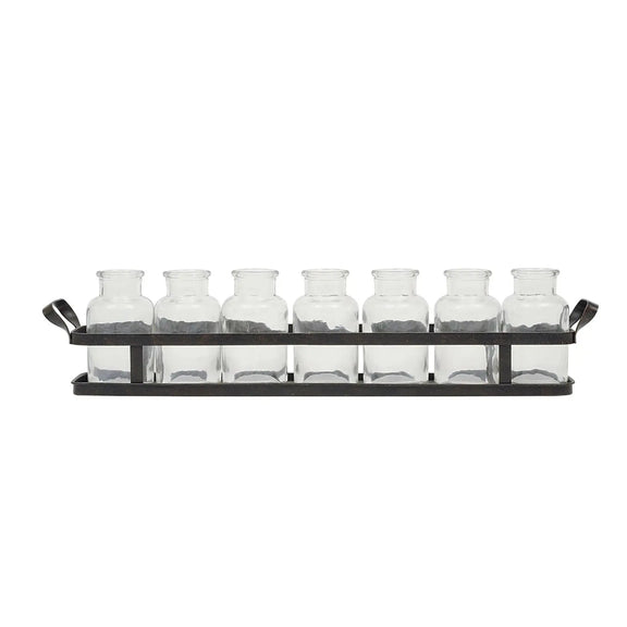 7 Glass Bottles on Rectangle Metal Tray w/ Handles Greenhouse Home