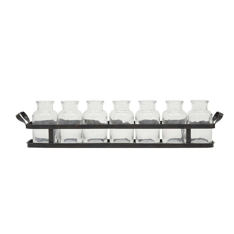 7 Glass Bottles on Rectangle Metal Tray w/ Handles Greenhouse Home
