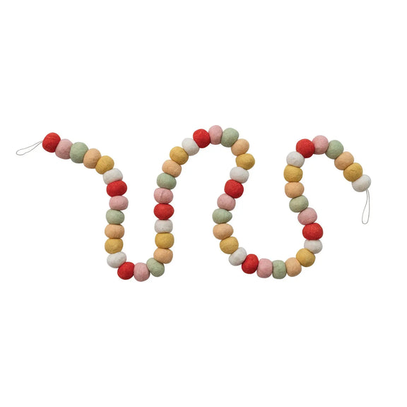 72"L x 1/2"H Handmade Wool Felt Ball Garland, Red, Green & Pink