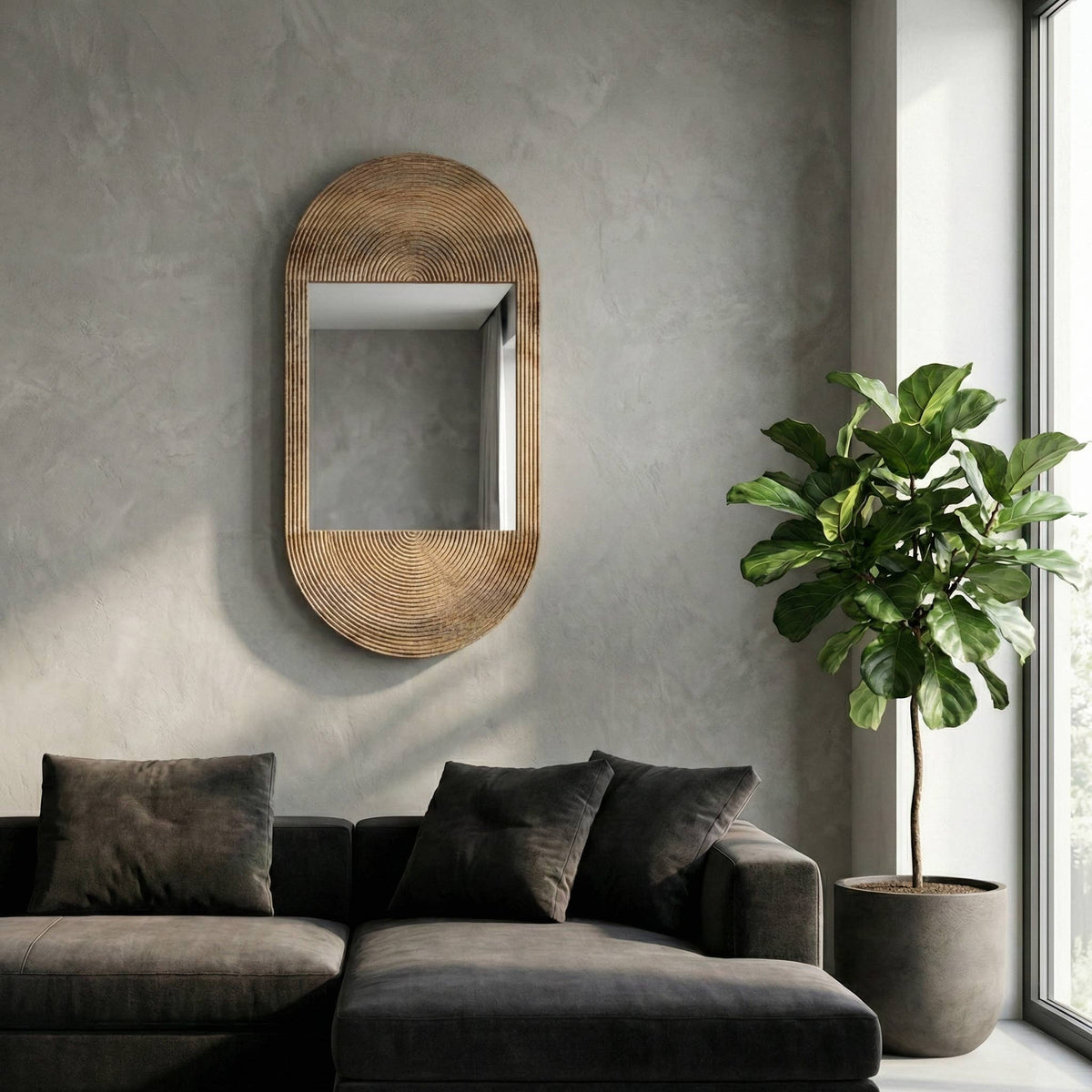Brown Wood Glass Arched Oval Hanging Wall Mirror