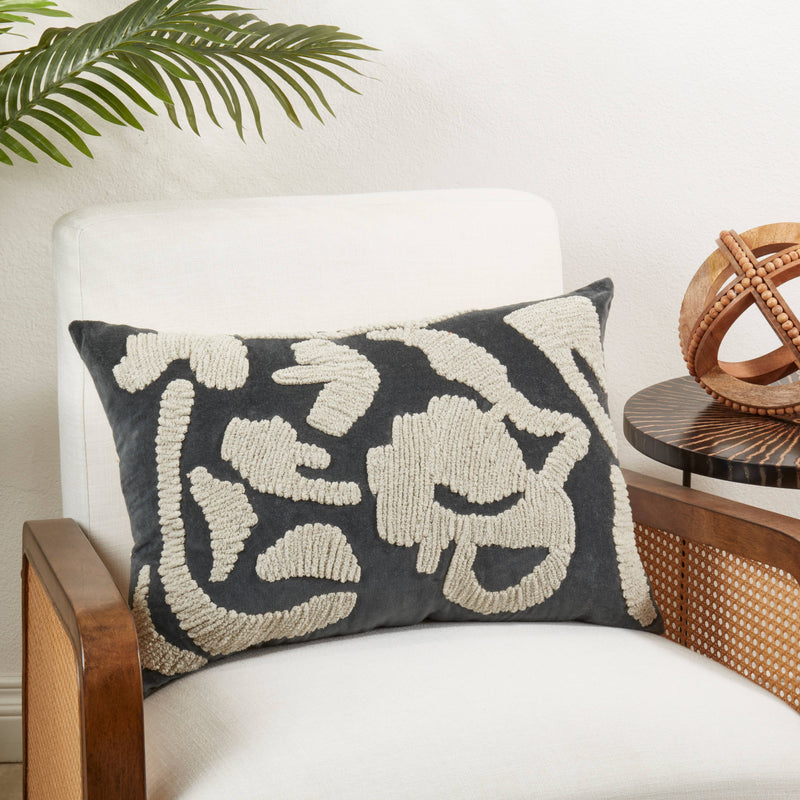 Luxe Embroidered Velvet Throw Pillow: Blue-Grey / Poly Filled / 16"x24"