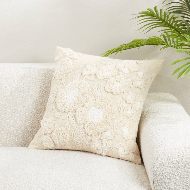 Delicate-Embroidered Floral Pillow: Natural / Poly Filled / 20"