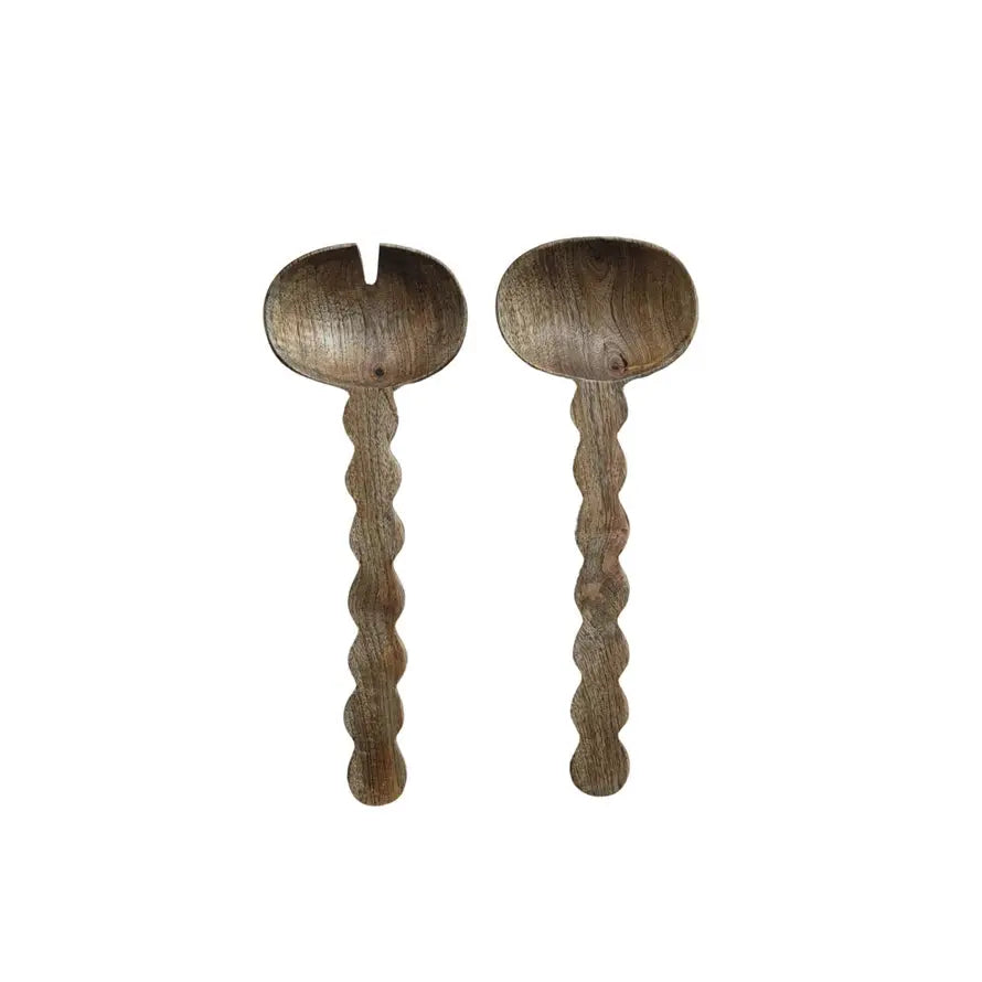 Carved Mango Wood Salad Servers with Scalloped Handle, Set of 2 Greenhouse Home