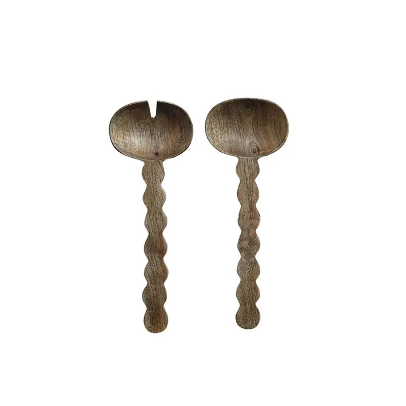 Carved Mango Wood Salad Servers with Scalloped Handle, Set of 2 Greenhouse Home