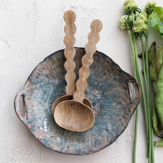 Carved Mango Wood Salad Servers with Scalloped Handle, Set of 2 Greenhouse Home