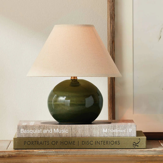 Charlie Mini Lamp - Green Crackle Glaze - Linen Shade  - 10" Napa Home & Garden