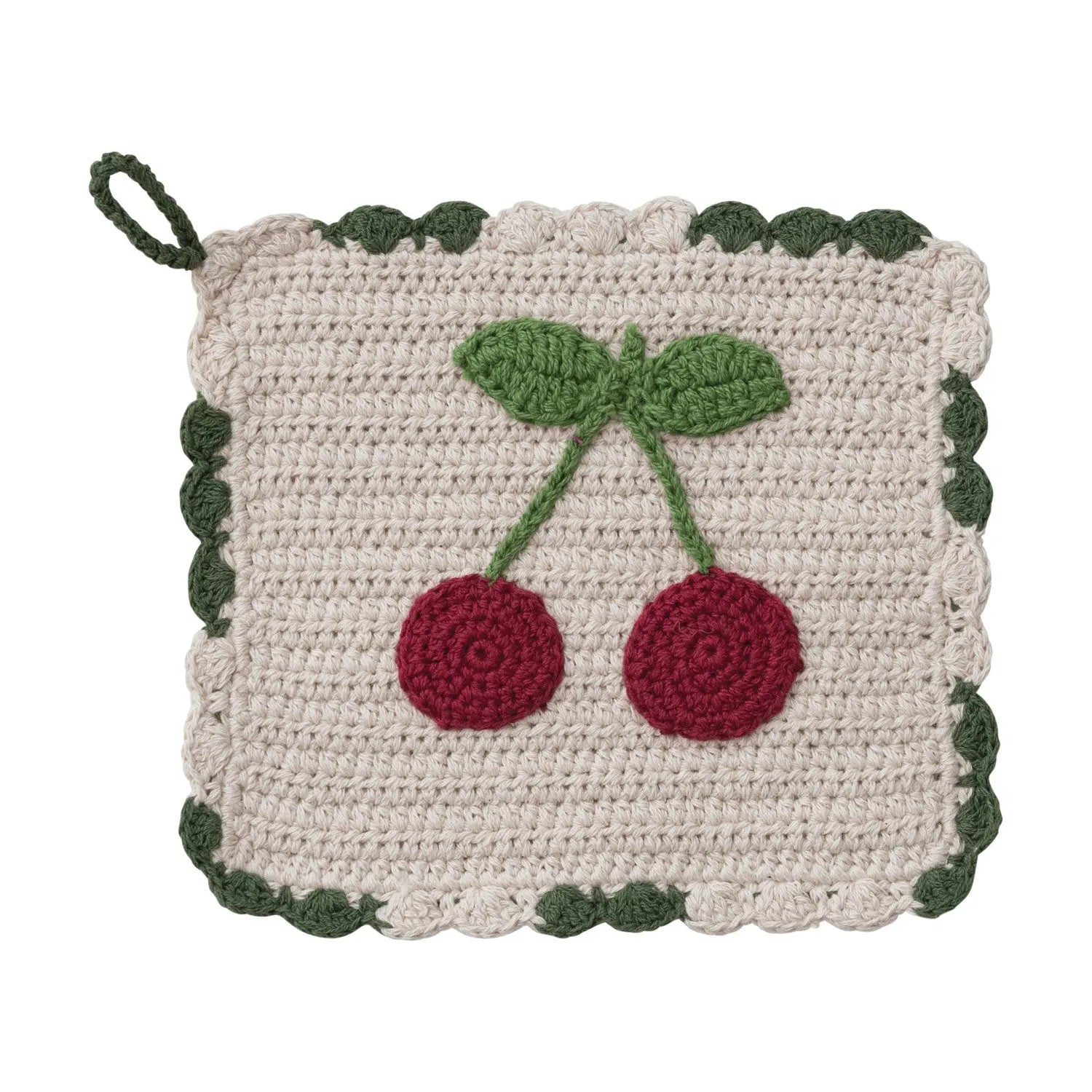 Cotton Crocheted Scalloped Pot Holder w/ Cherries, Natural, Red & Green