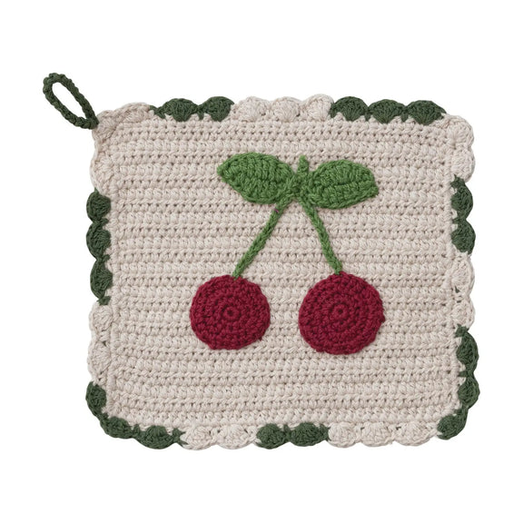Cotton Crocheted Scalloped Pot Holder w/ Cherries, Natural, Red & Green