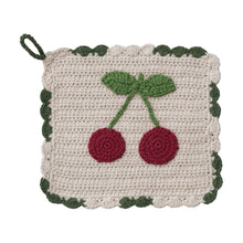 Cotton Crocheted Scalloped Pot Holder w/ Cherries, Natural, Red & Green