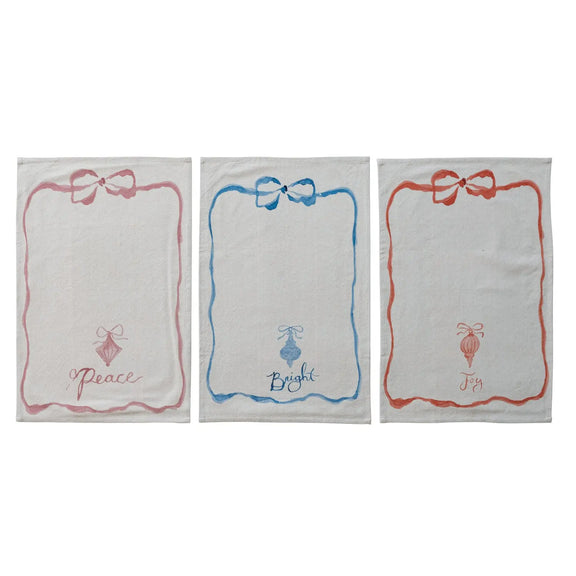 Cotton Printed Tea Towel with Bow, Ornament & Word, 3 Styles