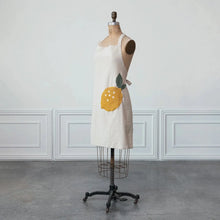 Cotton & Linen Apron w/ Embroidery & Crochet Lemon Shaped Pocket Greenhouse Home