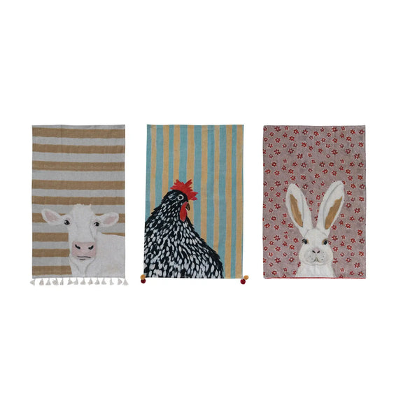 Cotton & Linen Printed Tea Towel with Pom Poms/Tassels, 3 Styles ©