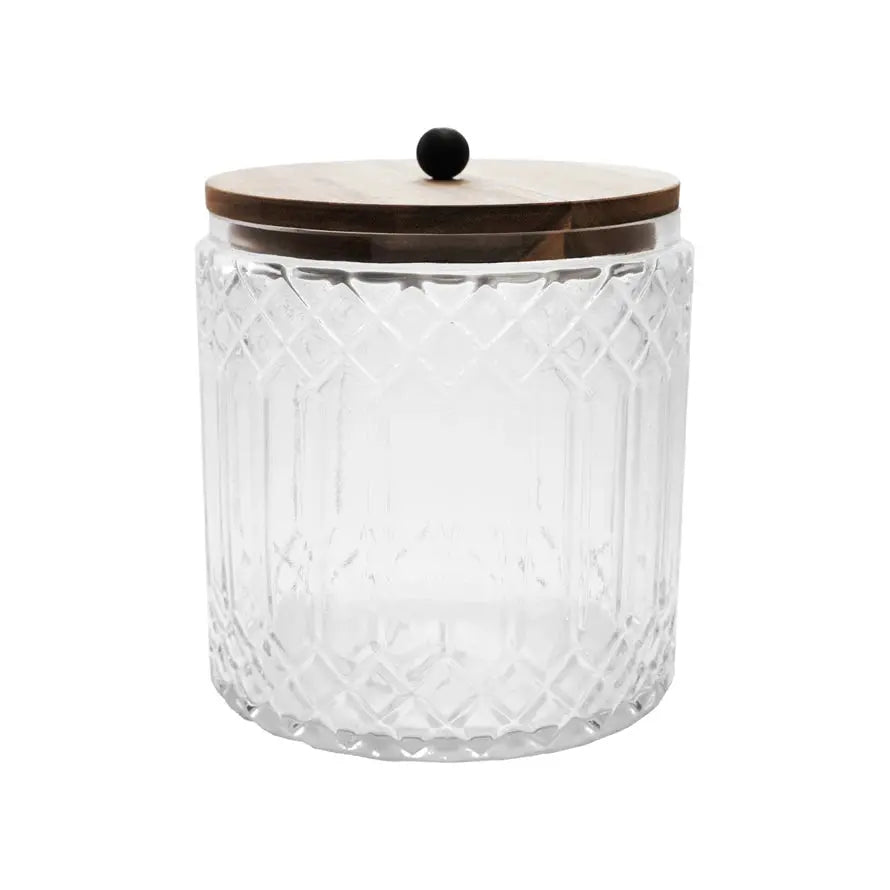 Cut Glass Jar with Acacia Wood Lid, Natural Greenhouse Home