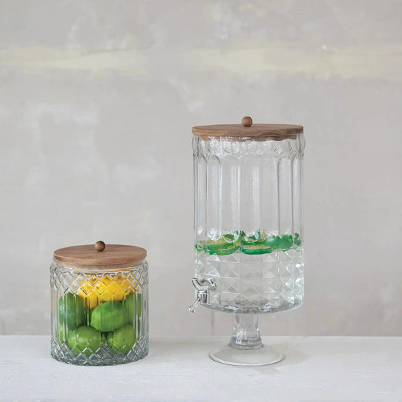 Cut Glass Jar with Acacia Wood Lid, Natural Greenhouse Home