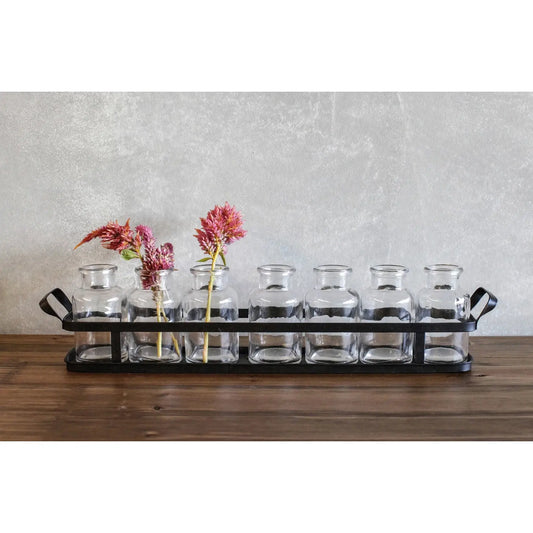 Decorative Glass Bottles on Rectangle Metal Tray w/ Handles Greenhouse Home