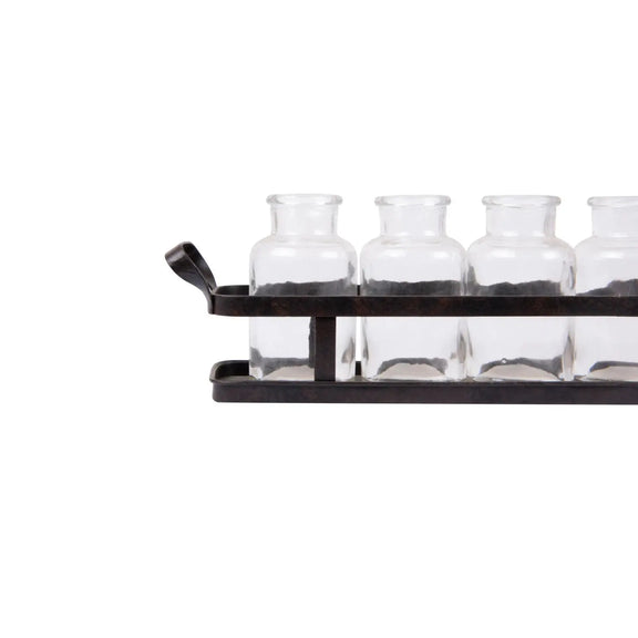 Decorative Glass Bottles on Rectangle Metal Tray w/ Handles Greenhouse Home