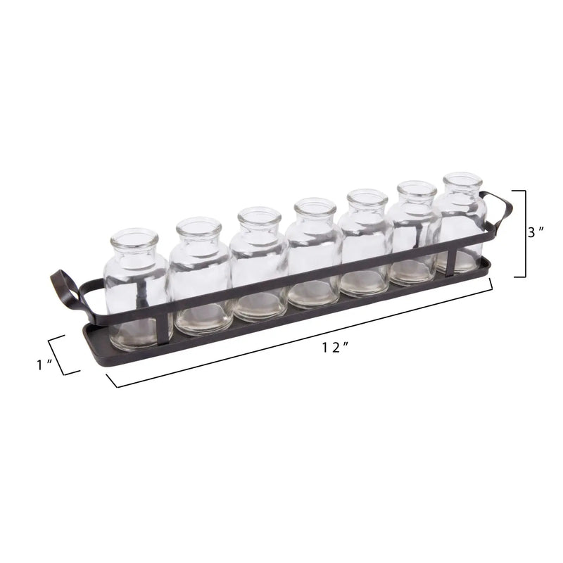 Decorative Glass Bottles on Rectangle Metal Tray w/ Handles Greenhouse Home