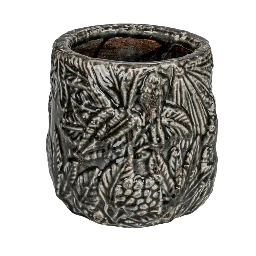 Decorative Grey Terra-cotta Planter with Embossed Pattern Greenhouse Home