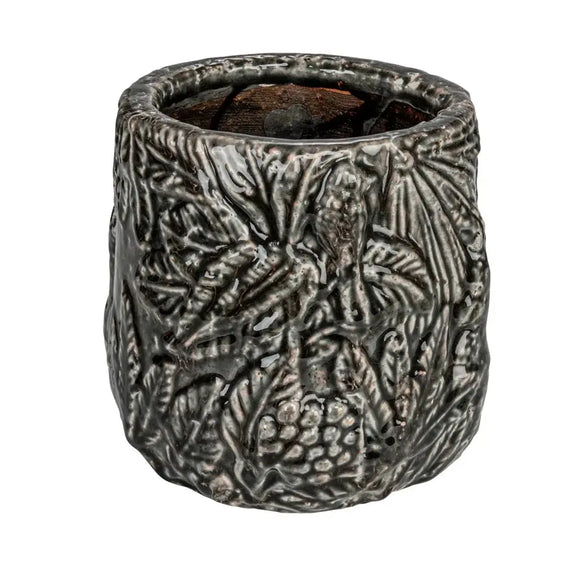 Decorative Grey Terra-cotta Planter with Embossed Pattern Greenhouse Home