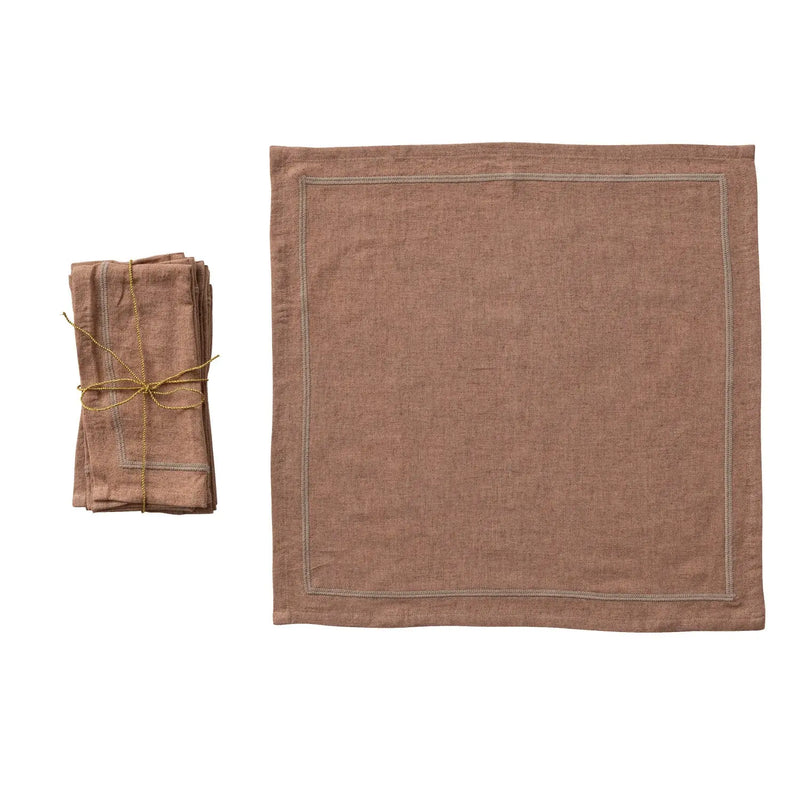Linen Blend Napkins with Embroidered Border, Set of 4 Tied with Gold Cord