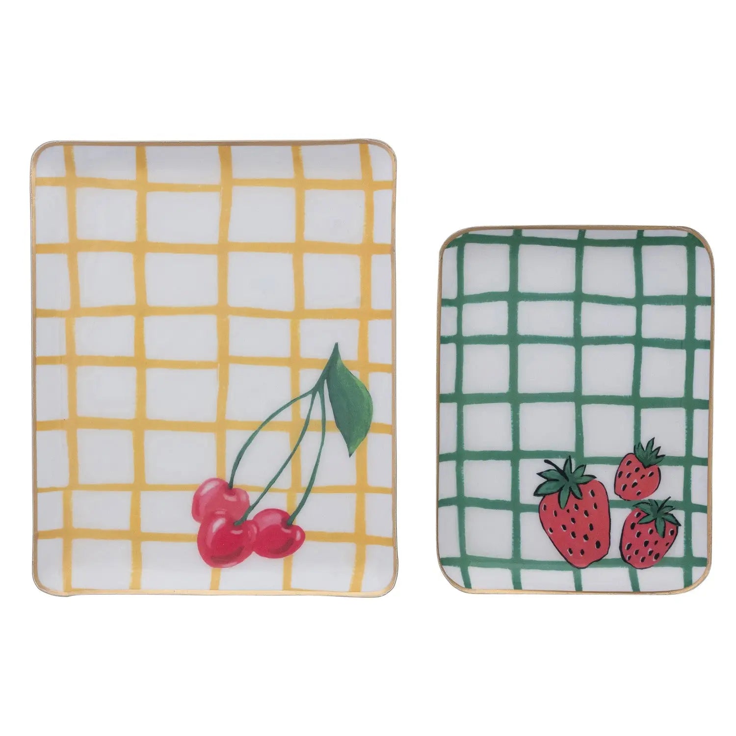Enameled Metal Trays w/ Grid Pattern, Cherries/Strawberries & Gold Edges, Set of 2 ©