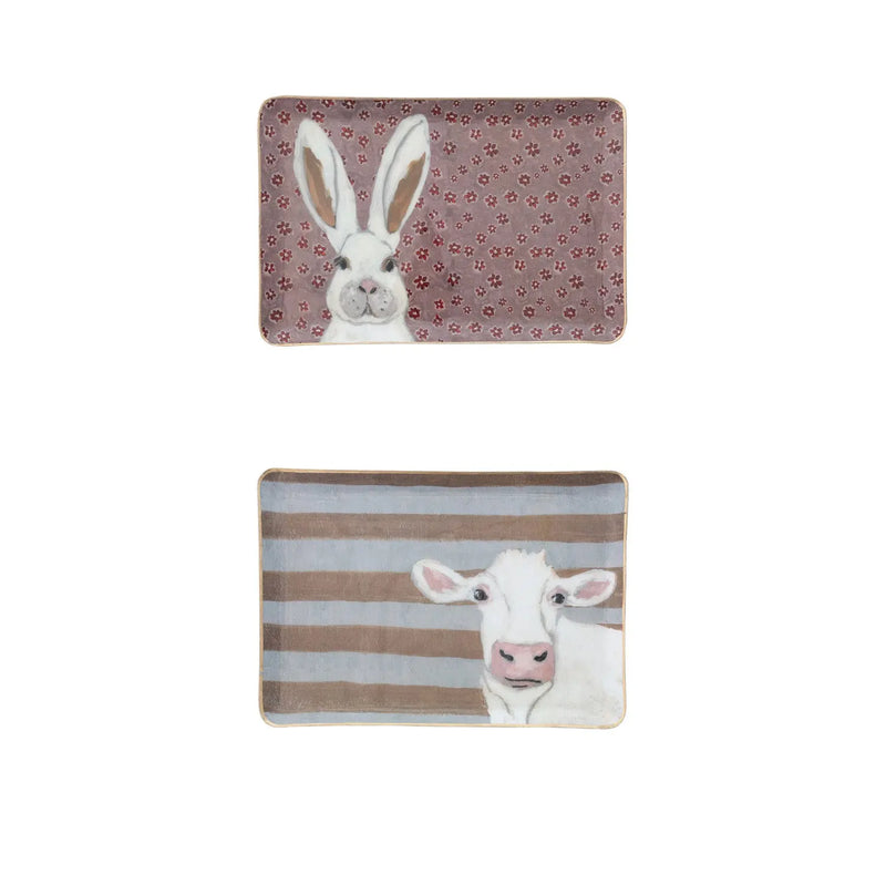 Enameled Metal Trays with Animal Images & Gold Edges, Set of 2 ©