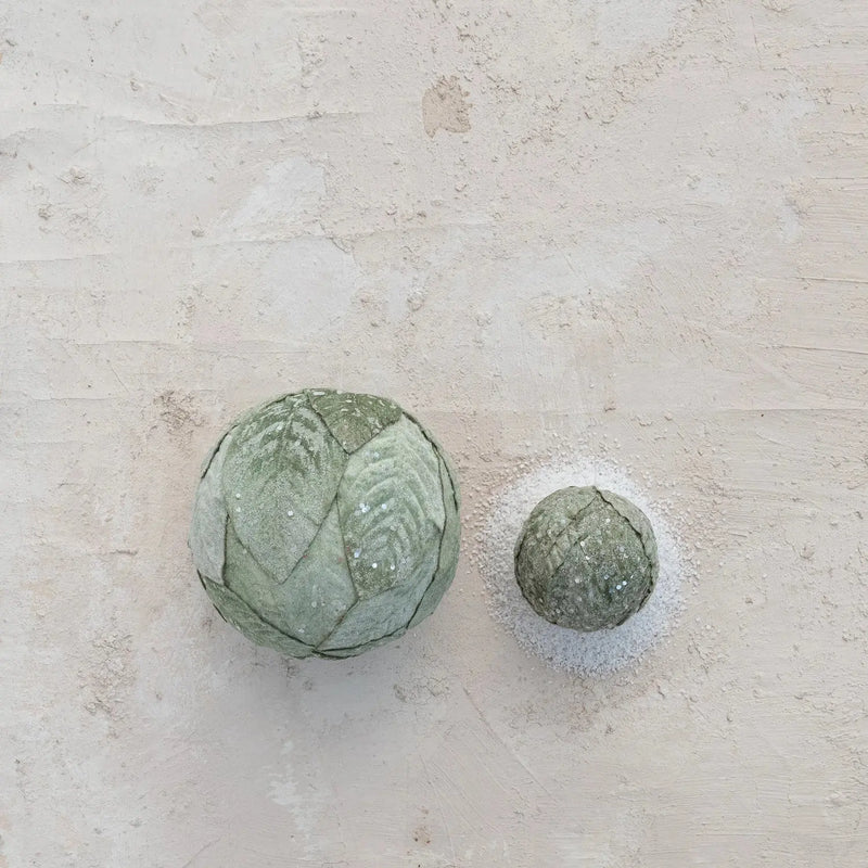 Fabric Leaves Ball Ornament with Glitter, Ice Finish Greenhouse Home