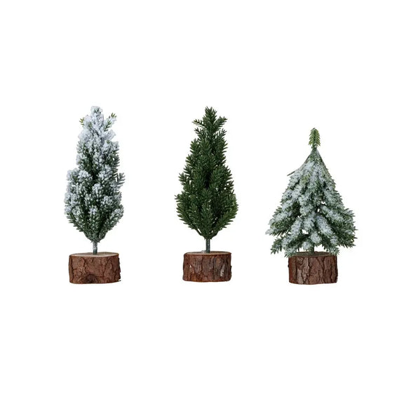 Faux Fir Tree w/ Wood Base, Snow Greenhouse Home