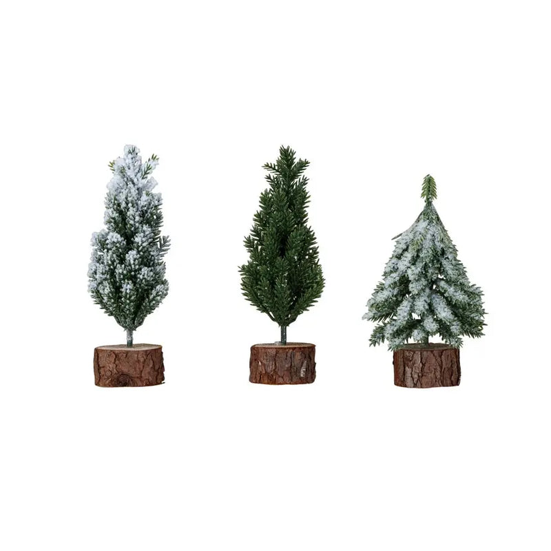 Faux Fir Tree w/ Wood Base, Snow Greenhouse Home