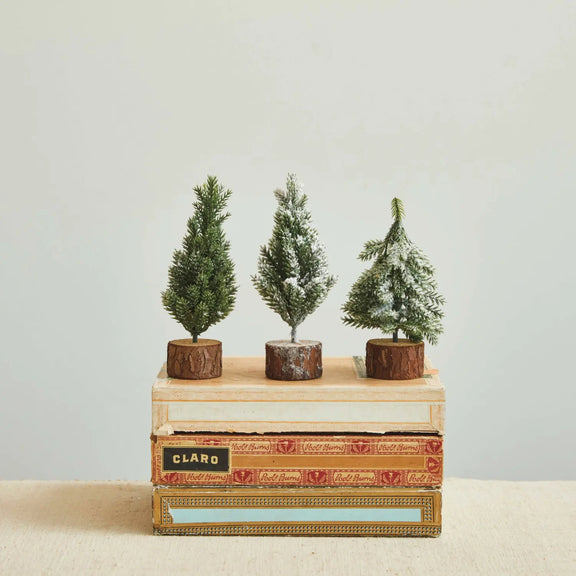 Faux Fir Tree w/ Wood Base, Snow Greenhouse Home