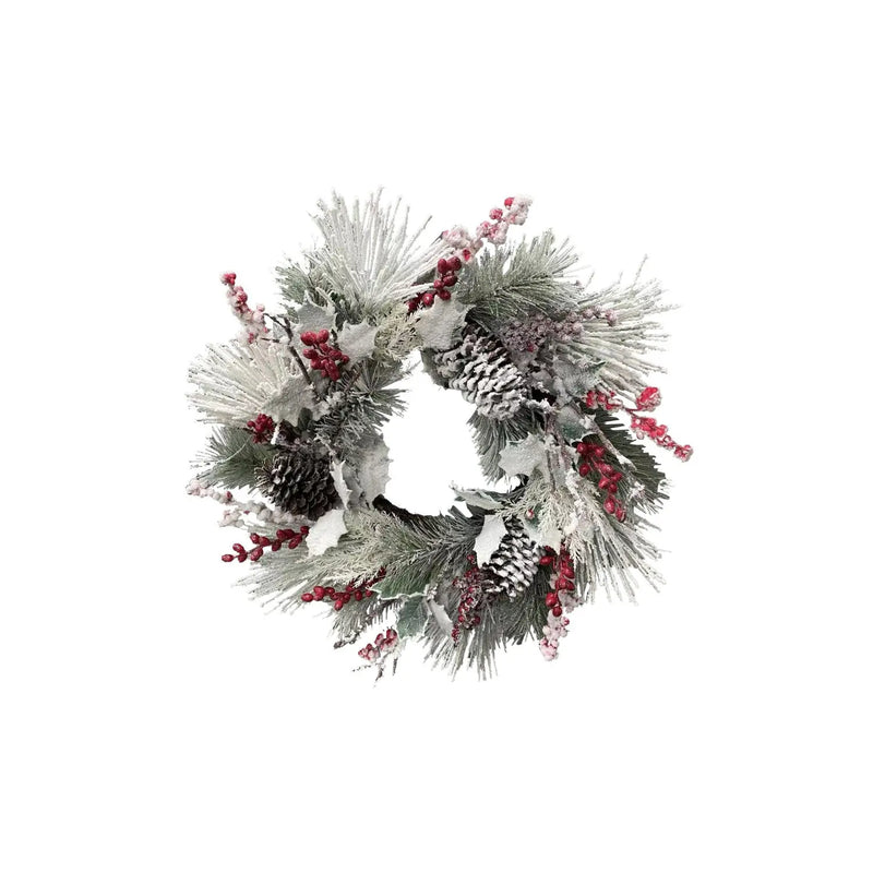 Faux Pine & Holly Wreath with Red Berries & Pinecones, Snow Finish