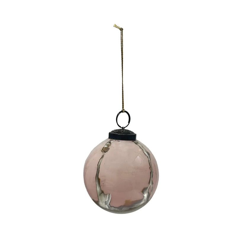 Glass Ball Ornament with Antique Silver Finish Stripes, Pink