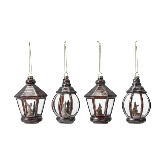 Glass Lantern Ornament with Bunny/Deer, Faux Snow & Glitter, 4 Styles