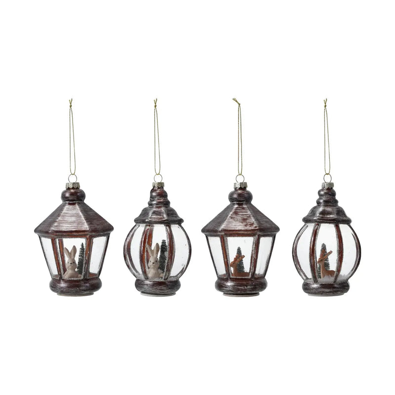 Glass Lantern Ornament with Bunny/Deer, Faux Snow & Glitter, 4 Styles