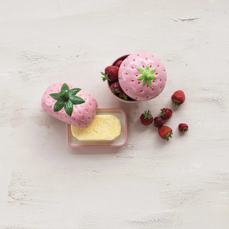 Hand-Painted Ceramic Strawberry Shaped Jar with Lid Greenhouse Home