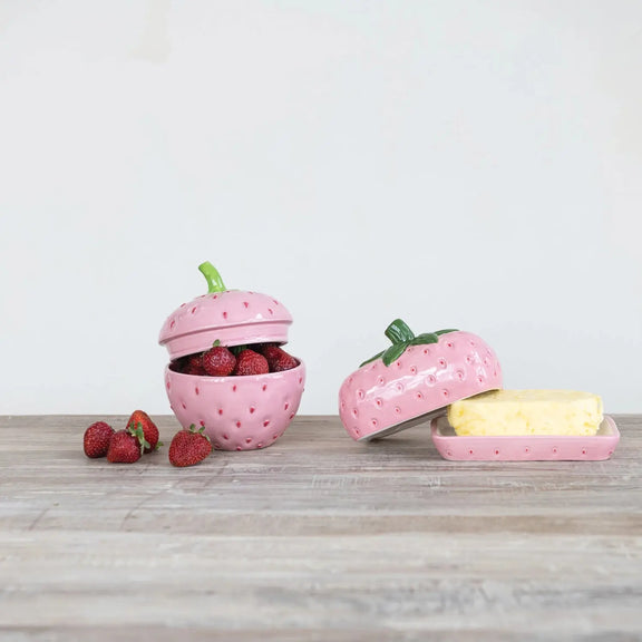 Hand-Painted Ceramic Strawberry Shaped Jar with Lid Greenhouse Home