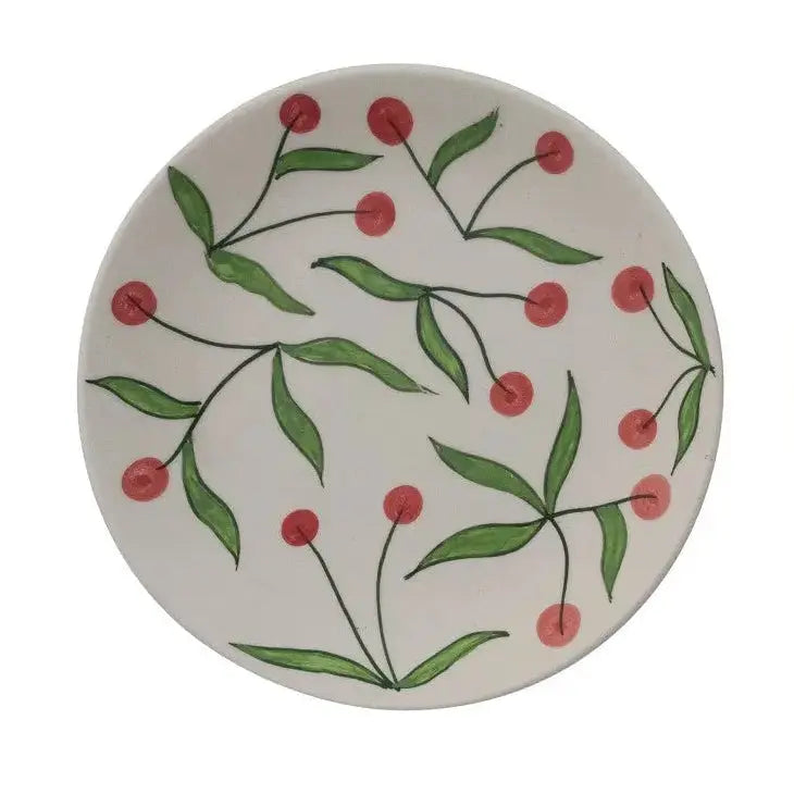 7-1/2" Round Hand-Painted Stoneware Plate with Cherries, 2 Colors (Each One Will Vary)