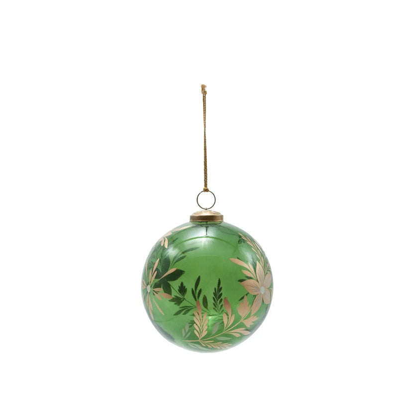 Hand-Painted Glass Ball Ornament with Botanicals