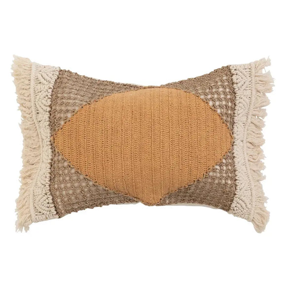 Hand-Woven Cotton and Jute Lumbar Pillow with Macrame, Crochet + Fringe Bloomingville