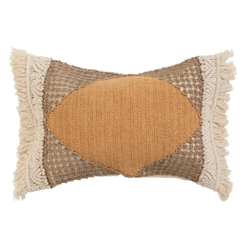 Hand-Woven Cotton and Jute Lumbar Pillow with Macrame, Crochet + Fringe Bloomingville